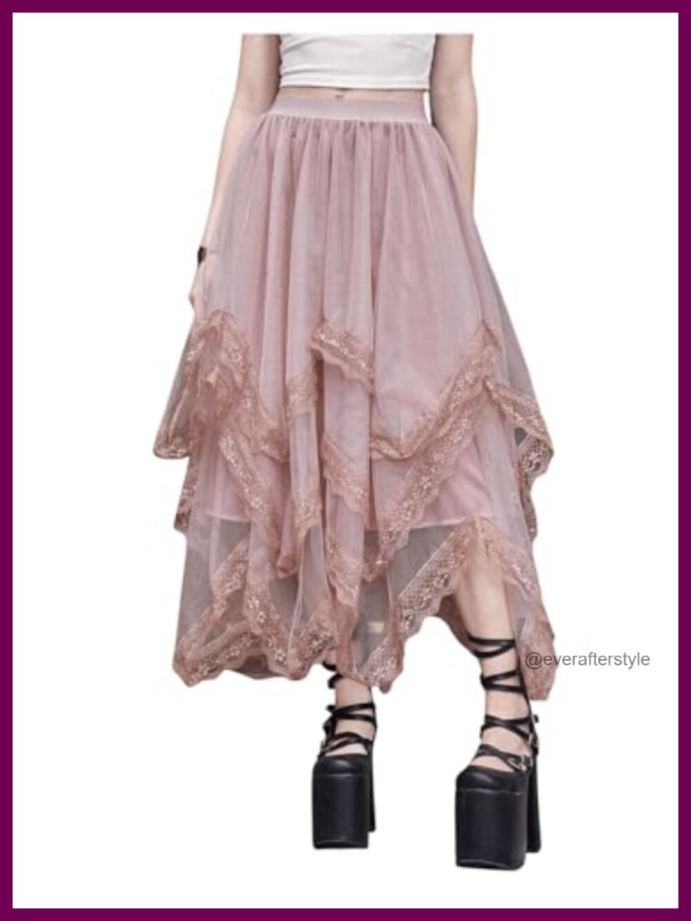 Lace Trim Layered Mesh Tulle Asymmetrical Goth Flowy Long Skirt